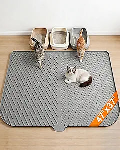 Cat Litter Box Mat, 47" x 37" Extra Large Cat Litter Mat, Silicone Waterproof Litter Trapping Mat for Scatter Control Soft on Kitty Paws Non-Slip Easy to Clean (Grey)