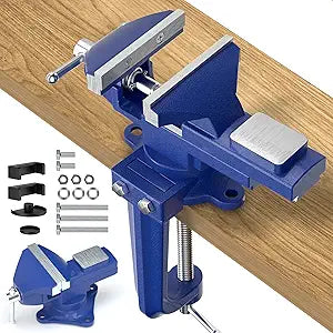 2-in-1 Bench Vise For Workbench 3.2"- Multi-functional Portable 360 Swivel Base Bench Clamp On Vice/Table Vise For Woodworking, Cutting Conduit, Drilling, Metalworking, Blue