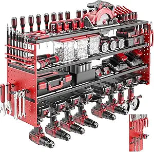 Power Tool Organizer Wall Mount, Cordless Drill Hanger Storage Rack 8 Drill Holder, 4 Layer Heavy Metal Large Capacity Tool Rack for Garage Organization (Red, 8 Drills Holder)