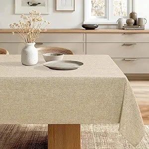 JIUZHEN Faux Linen Rectangle Tablecloth, Wrinkle Stain Resistant Farmhouse Textured Table Cloth Decorative Fabric for Kitchen, Dining, Party, Wedding,Outdoor Use,90 x 132 Inch,Beige