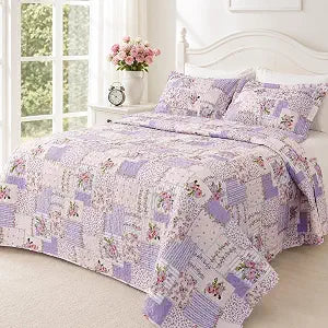 Purple Queen Quilt Set,3 Piece Reversible Patchwork Quilt Queen Size,Lightweight Soft Microfiber Floral Bedspread with 2 Shams,All Season Bedding Queen Size