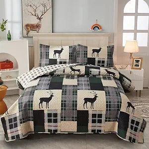 CHESITY Lodge Bedspread Twin Size,3 Piece Rustic Cabin Quilt Set Black Deer Bedspreads Coverlet Reversible Animal Printed Wildlife Patchwork Dark Green Beige Plaid Bed Cover Country Decor(68"x86")