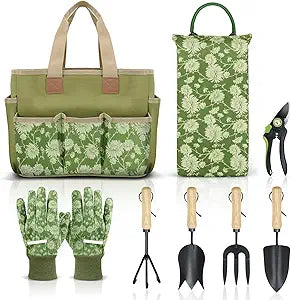 Colwelt Garden Tools Set, 8 Piece, Heavy Duty Gardening Tools with Wooden Handle, Including Garden Tote, Kneeling Pad, Gloves, Pruner, Trowel, Tulip Trowel, Cultivator - Gardening Gifts for Women Men