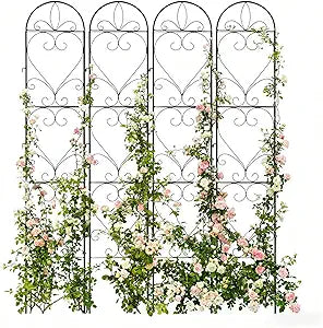 4PCS Metal Garden Trellis for Climbing Plants Outdoor, Heavy-Duty Cucumber Tomato Trellis for Raised Garden Bed, Decorative Wrought Iron Trellis Arch for Wedding Party Decor