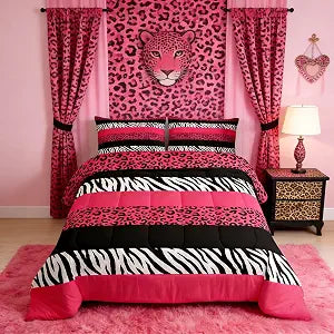 Leopard Print Kids Comforter Set Twin Size,Zebra Abstract Animals Skin Texture Bedding Set,Girls Boys Adults Room Decor,Geometric Stripes Down Comforter,Pink Romantic Duvet Insert,1 Pillowcase