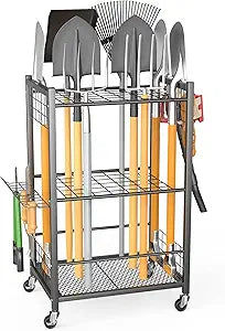 Ultrawall Garden Tool Organizer with Wheels, Yard Tool Storage Stand for Garage, Shed Tool Storage for Rake, Brooms, Tools Rolling Cart Indoor & Outdoor Use