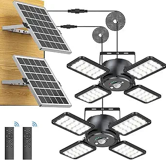Latband Solar Shed Light Outdoor Indoor Solar Powered Motion Sensor Pendant Light,144LED 1200LM Daytime Work with 5 Modes & Remote Control 4 Heads IP65 Waterproof for Garage Barn Shop 2 Pack