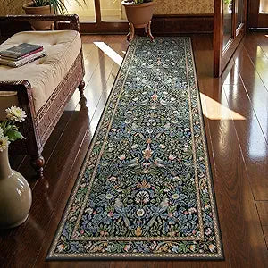 Morebes Floral Carpet Runners for Hallway 8ft Non Slip, Boho Flower Washable Runner Rug 2x8, Botanical Birds Indoor Floor Carpet Runner for Kitchen Laundry Bath Room, Navy Blue