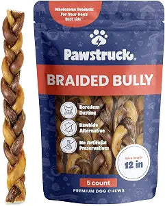 Pawstruck Natural 12" Braided Bully Sticks for Dogs Tough, Long-Lasting, Rawhide-Free, Low-Odor, Single Ingredient Chew Treat for Aggressive Chewers 5 Count Packaging May Vary