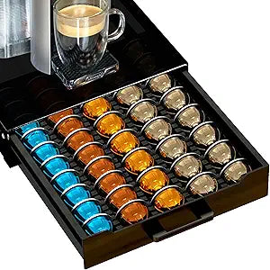 Vertuo Pod Holder Drawer with Deluxe Black Tempered Glass Top, Compatible for Nespresso VertuoLine Pods, Holds up to 75 Small or 50 Big Vertuo Pods Compact Design (Piano Black Nespresso Pods Holder)