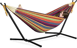 PNAEUT Double Hammocks with Stand for Outside, Portable Space Saving Heavy-Duty Steel Stand for Indoor Outdoor Patio, 450 lbs Capacity (Tropical)
