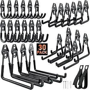 Housolution Steel Garage Hooks - 30Pack Anti-Slip Coating, Heavy Duty Wall Mount Hooks for Bikes, Garden Tools, Ladders, Hose, Bulk Items Ropes, Garage Tool Organizer with Extension Cord Wrap, Black