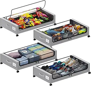 Tututry Under Bed Storage with Wheels, XXL 60L Under the Bed Storage Bins, Underbed Storage Containers with Lids & Label, Rolling Metal Drawer for Shoes, Clothes, Books, Toys (4-Pack Gray)