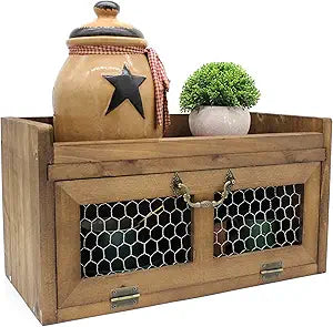 Farmhouse Countertop Storage Organizer, Rustic Wooden Kitchen Cabinet with Chicken Wire, Kitchen Pantry Display Shelf, Country Vintage Style. Distress Brown