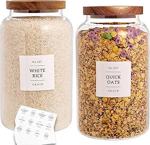 CZHQSMZ Set of 2 Large Glass Jar with Airtight Acacia Lid and 132 Kitchen Pantry Labels, Clear Glass Food Storage Jars Containers for Rice Flour Pasta Sugar Coffee Cookie and More(98 Fl Oz/2800 Ml)