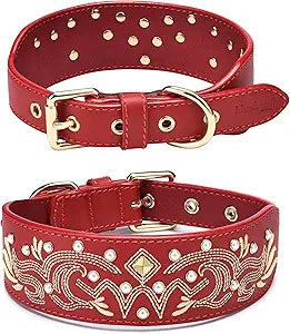 Blueberry Pet Western Leather Dog Collar - Genuine Leather with Floral Embroidery & Pearl Studs Adjustable 15-18 Inch Neck for Medium Dogs, Comfortable and Stylish Pet Collar