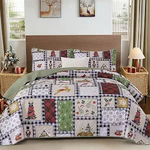 Xruibed Christmas Quilt Queen Size, 3 Pcs Patchwork Bedspread Bedding Set