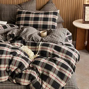 EAVD Vintage Red&Black Gingham Plaid Duvet Cover Queen Soft 100% Cotton Muslin Green Geometric Grid Checkered Bedding Set with 2 Pillowcases Reversible Gingham Duvet Cover with Zipper Closure
