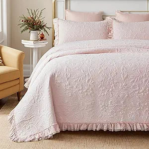 Brandream Light Pink Quilt Set Full Size Cotton Shabby Chic Bedding Romantic Ruffle Bedspread Matelasse Coverlet Set 3-Piece