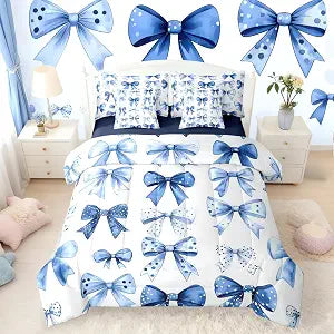 Erosebridal Blue Bow Comforter Set, Princess Bow Bedding, Twin 7 Pieces