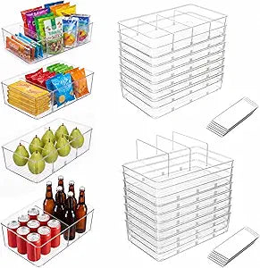Mifoci 16 Pcs Snack Pantry Organizer and Storage - Clear Plastic Storage Bins for Pantry Shelf with 3 Divider Stackable Plastic Containers Box with Handle for Kitchen Cabinet Fridge Closet Bathroom