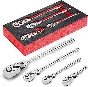 1/2 3/8 1/4 Inch Drive Ratchet Set, 4Pcs Flex Head Ratchet Set, 72 Tooth Quick Release Flexible Swivel Head Socket Ratchet Wrench Set