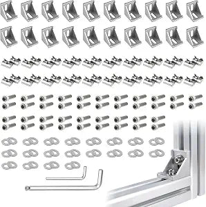 20 Sets Silver 3030 Aluminum Extrusion Connector Kit 20 pcs Corner Brackets, 40pcs M6 Spring T-Nuts & Hex Screws, 2 Hex Wrench for 8mm T Slot Extruded Aluminum Accessories Hardware