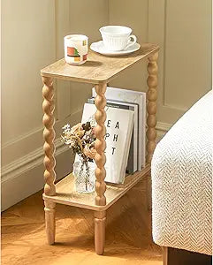 Fultyle Narrow End Table, Small Narrow Side Table with 2-Tier Storage, Skinny Bedside Table Nightstand for Narrow Spaces, Living Room, Bedroom (Rustic Walnut)