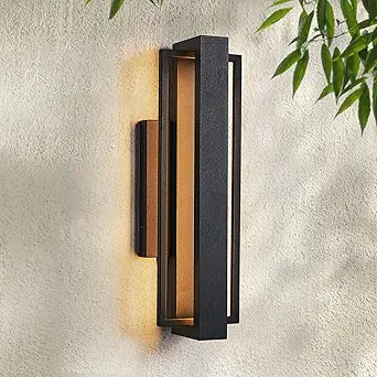 Tarentlight Double Square Frame Outdoor LED Wall Light, 15 Inch Textured Black Wall Sconce, Sleek Modern Light Fixture, Integrated LED 3000K 16W, Outside Lights for Patio, Porch, Front Door or Garage
