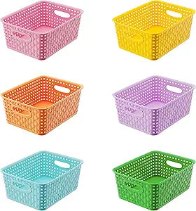6-Pack Colorful Small Plastic Storage Weave Baskets, Versatile Shelf Organizer Woven Baskets for Classrooms, Children's Rooms & Pantries, 10x7.5x4 inch