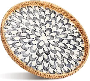 16 inch Round Rattan Tray with Mother of Pearl Inlay Wicker Serving Tray with Wooden Base Boho Decorative Wicker Basket for Table Decor Bathroom Candle Perfume(Plume)
