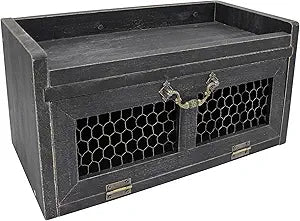 Farmhouse Countertop Storage Organizer, Rustic Wood Kitchen Cabinet with Chicken Wire, Kitchen Pantry Display Shelf, Country Vintage Style. Distress Black