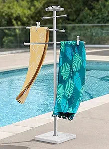 Natural Marble 59 Inch Outdoor Towel Rack with Weighted Base, KES Pool Towel Rack Outdoor for Hot Tub 18/8 Stainless Steel, Adjustable 3 Arms, Storage Tray & 6 Towel Clips, Brushed Finish OTR202-2