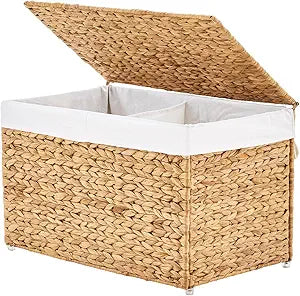 GENHOOM Storage Basket with Lid, Woven Wicker Shelf Basket with Removable Liner, Metal Frame Rattan Storage Trunk with Handle for Laundry, Bedroom, Living Room, Office (Natural, 95L)
