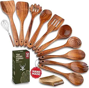 12 Pcs Wooden Cooking Utensils Set Luxury Wooden Kitchen Utensils with Holder, Versatile Wooden Spoons for Cooking & Durable Teak Wood Utensil Set for Modern Home - Cooking spoons with Spatula