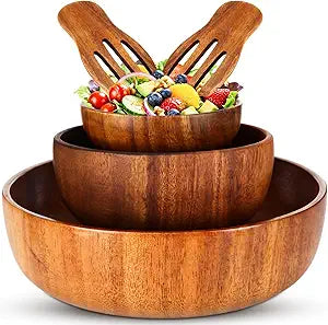 Hushee 5 Pcs Acacia Wood Salad Bowl Set 4.7" 6.3" 9.5" Wooden Mixing Bowls with 2 Wooden Hands Large Wood Serving Bowl with Serving Utensils for Kitchen Fruits Cereal Corn Flake Pasta Gift Giving