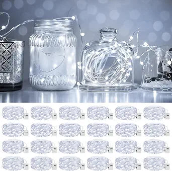 litogo 24 Pack 7FT 20 LED Fairy Lights Battery Operated, 3 Lighting Modes, Bulk Mini Twinkle String Lights Waterproof Silver Wire for Weddings Mason Jars Party Christmas Decorations-Cold White