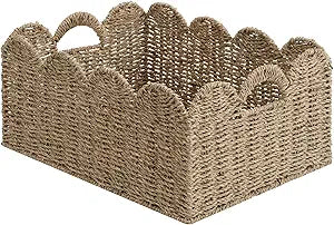 StorageWorks Scalloped Seagrass Baskets, Hand-woven Rattan Baskets with Built-in Handles, Cute Baby Basket for Nursery, Basket for Organizing and Decor, 16"L x 13"W x 7"H