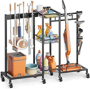 Broom Holder with Cleaning Supplies Organizer, Broom Closet Storage Cabinet with Cleaning Caddy Vacuum Stand, Cleaning Cart with Mop Hanger Gripper Rack Hook, Laundry Room Organization Home Essentials