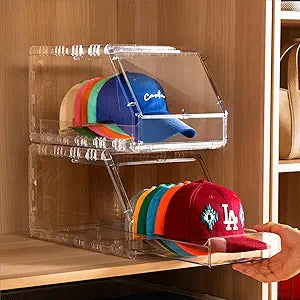 Ozueccr 2 Pack Hat Organizer for Baseball Caps Stackable Clear Display Box with Sliding Drawer, Holds 15 Baseball Caps, Closet and Shelf Organizer for Hats, Transparent Display with Anti-Slip Feet