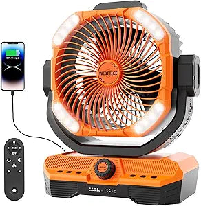 WESTTREE Battery Powered Fan Powerful Airflow Battery Operated Air Circulator Fan for Bedroom,Quiet & 360┬░Auto Oscillating Rechargeable Camping Fans with LED Light (RGBW) X66 Orange