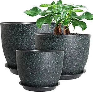 UOUZ 12/10/9 Large Modern Plant Pots, Plastic Planters with Drainage Holes and Saucers for Indoor Outdoor Plants Flowers, Black with Green Speckles