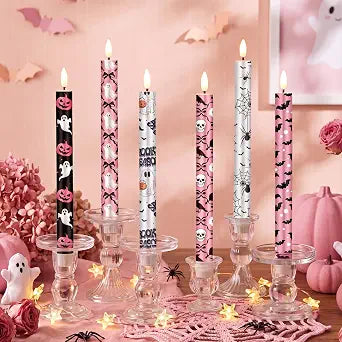 Aurelema 6 Pcs Halloween LED Flameless Candle Set Pink Spooky Taper Candles Battery Operated with Remote Cute Ghost Candles Horror Pumpkin Decorations for Home Halloween Party Favors Holiday Decor