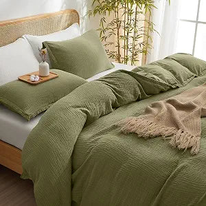 David's Home Cooling Cotton Muslin Duvet Cover Set Queen Size, 70% Cotton 30% Viscose Derived from Bamboo 3PCS Gauze Bedding with Pillowcases, Breathable Lightweight for Spring Summer, Olive Green