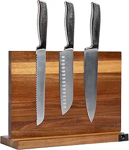 Magnetic Knife Block with Sharpener, Countertop Magnetic Knife Holder, 3X Double Sided Magnet Knife Stand, Non-Slip Base, Kitchen Knife Storage Organizer (Acacia)