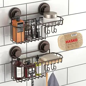 HASKO 2 Pack Shower Caddy Suction Cup with Hooks & Soap holder, Includes 2 Soap Savers, Shower Shelf, Bathroom Storage Organizer, Rustproof Shampoo Holder, Bronze