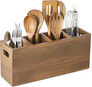 Wooden Utensil Holder Counter, Kitchen Utensil Organizer Large 4 Compartment Cooking Utensils Holder, Acacia Rustic Wood Farmhouse Storage Container Crocks for Silverware and Cooker Set