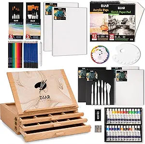 DJAR 87 pcs Acrylic Paint Set with 3 Drawer Storage, 24 Colors of Acrylic Paint, Sketch Book, Paints and Pads, Art Supplies Kit for Adults, Teens and Beginners