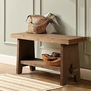 HOKYHOKY Solid Wood Entryway Bench - 31.5" Farmhouse Small Storage Bench, Rustic Narrow Bench Seat for Indoor, Entryway, Dining Room, Living Room and Hallway, Brown