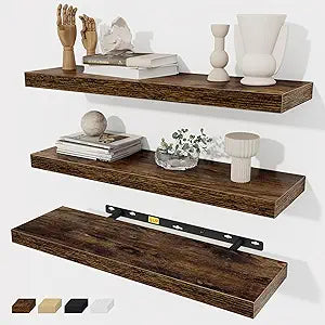 Fun Memories Floating Shelves Wall Shelf 24 inches Long, Farmhouse Bathroom Shelves Bedroom Kitchen Living Room Shelf Wall Mounted, 24 x 6.7 x 1.4 inch Set of 3, Rustic Brown